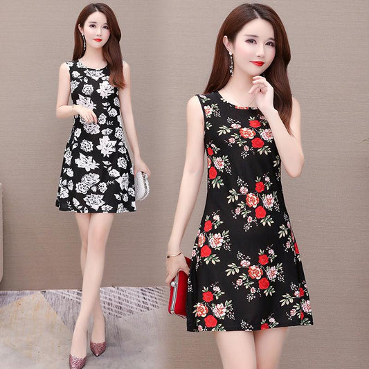 Brand Dress Round Neck Women Casual Flower Short Sleeve Skirt Sunmmer  Beach High Waist