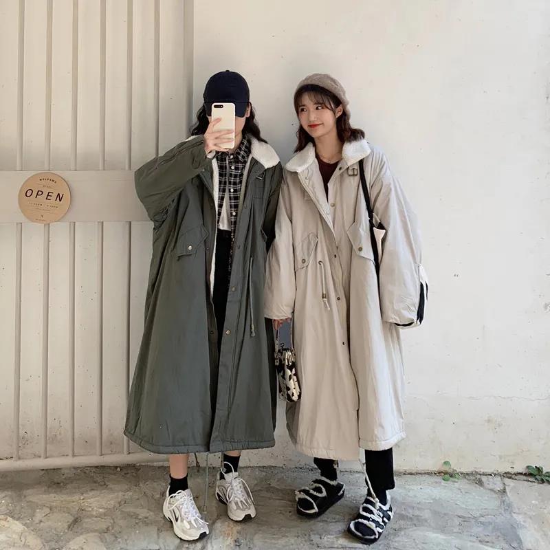 Ladies Lamb Wool Tooling Jacket Hong Kong Style Loose Quilted Jacket Over The Knee Loose Parkas