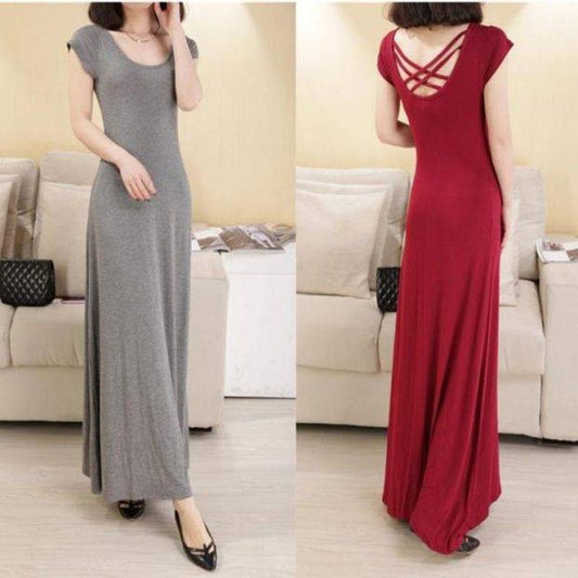 Fashion Long Maxi Dress Cotton Short Sleeve Crew Neck Elastic Backless Summer Dress Party Dress