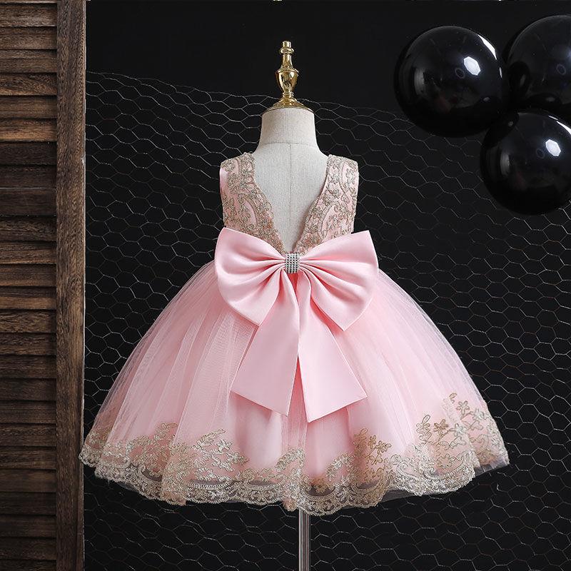 Children's Dress Skirt Girl Baby Lace Bow Dress Temperament Sleeveless Open Back Lace Plaid Skirt Tutu Skirt Waist A-line Skirt