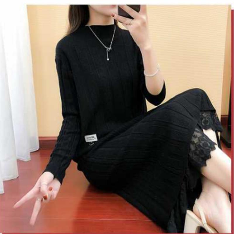 Women Sexy Winter Knitted Tops and Dress 2 Piece Set Fashion Lace DRESS and Sweater Two Piece Set