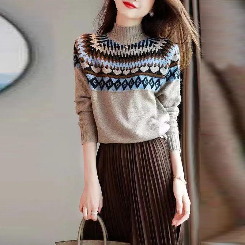 Sweater Women's Half Turtleneck Pullover Knitwear Lingge Korean Loose Top Trending Sweater Autumn and Winter Fluffy Top