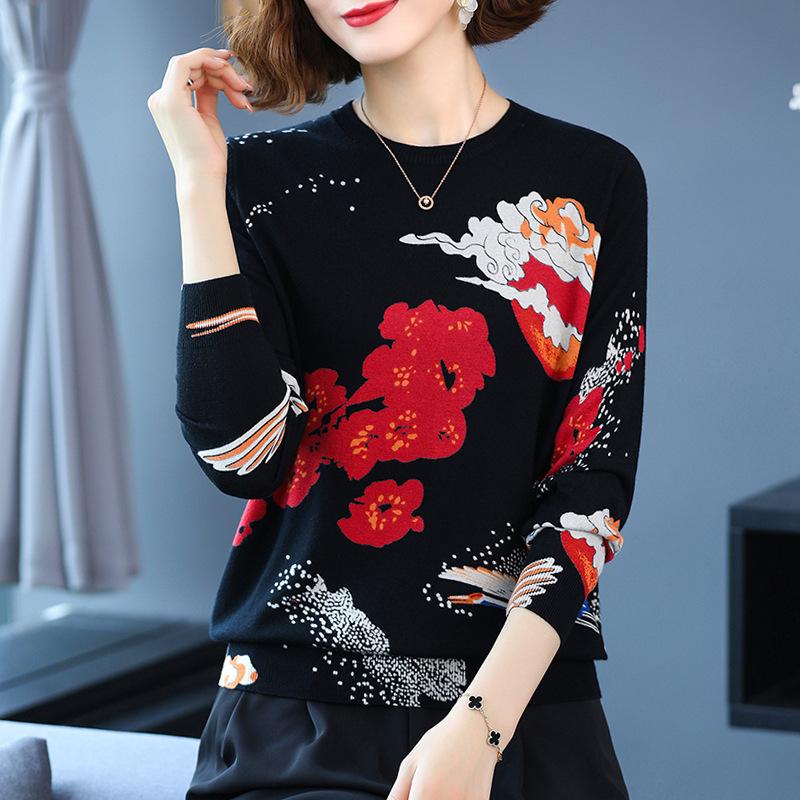 Women's Printed Pullover Sweater Tops Autumn  Winter Long-sleeved Bottoming Sweater Women's High-end Woolen Sweater
