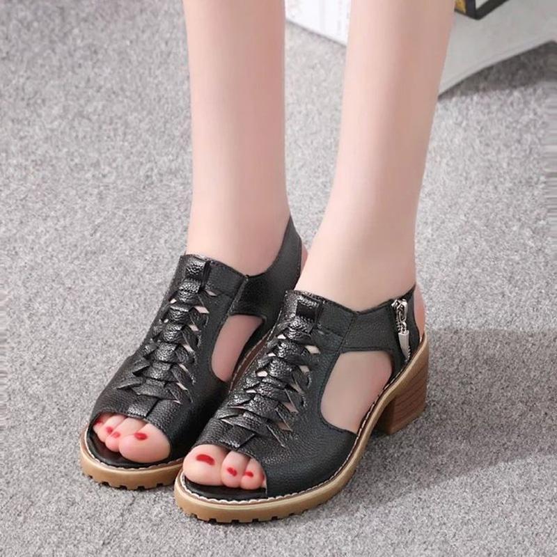 Thick Heel Sandals Female Summer Flat Bottom Korean Students Wild Fish Mouth Retro Princess Mid-heel Female Shoes