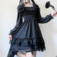Gothic Women Black Party Dress Cross Square Collar Lolita Princess Irregular Dress Cute Lace Ruffles Chic Dress
