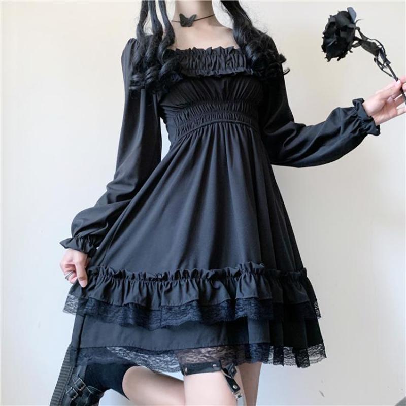 Gothic Women Black Party Dress Cross Square Collar Lolita Princess Irregular Dress Cute Lace Ruffles Chic Dress