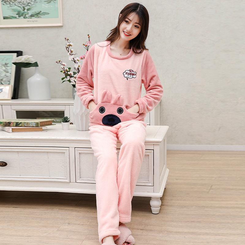 Autumn and Winter Coral Fleece Women's Pajamas Keep Warm Cute Student Flannel Long Sleeves Can Be Worn Outside Home Clothes