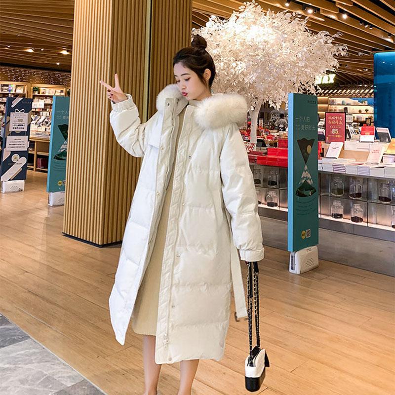 White Duck Down Down Jacket for Women In The Korean Version of The Long Fox Hair Collar Loose Over The Knee Coat Thick