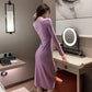 Sexy Royal Sister Dress Female Temperament Light Mature Wind Over The Knee Long Skirt Slit Drawstring V-neck Low-cut Thin Hip Skirt