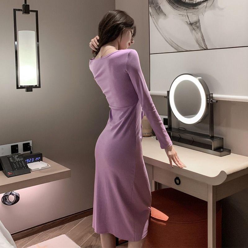 Sexy Royal Sister Dress Female Temperament Light Mature Wind Over The Knee Long Skirt Slit Drawstring V-neck Low-cut Thin Hip Skirt