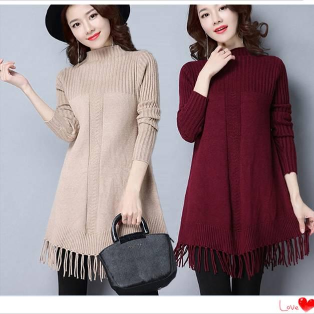 Pofulove Women Long Sweater Dress Long Section Turtleneck Tassel Pullover Base Knitted Blouse