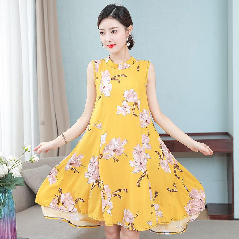 Women Cotton Silk Dress Summer Mother Sleeveless Mid-length Loose Large Home Night Skirt Beach Skirt