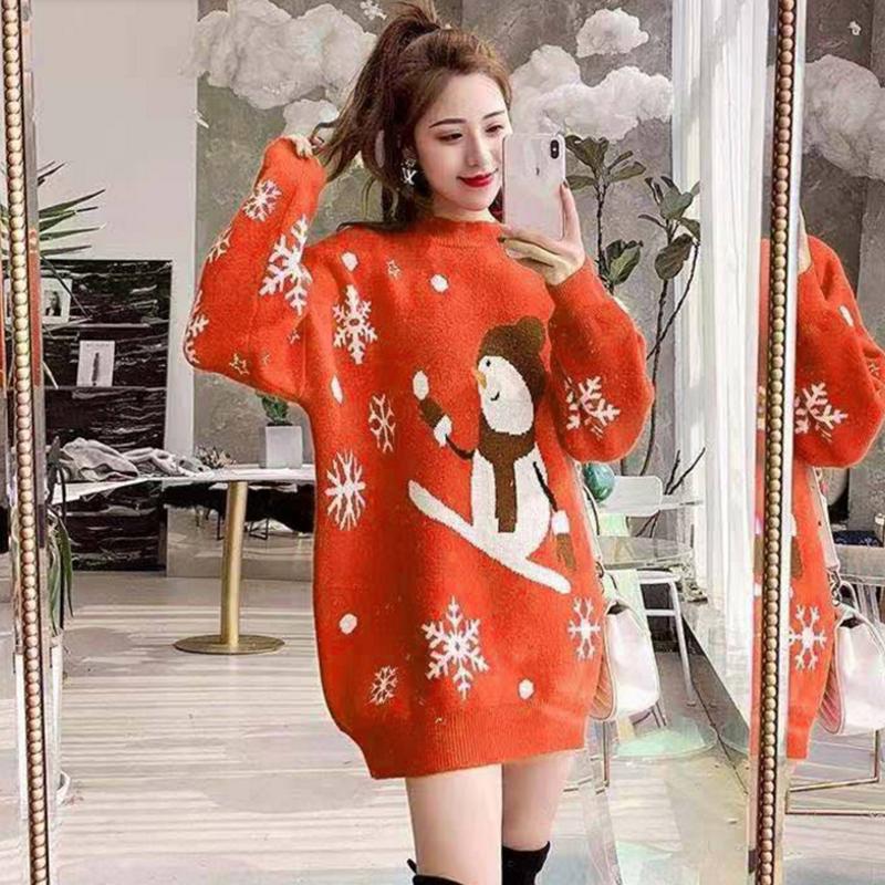 Pofulove Sweater Sweater Women Christmas Sweater Women's Mid-length Thick Loose Loose