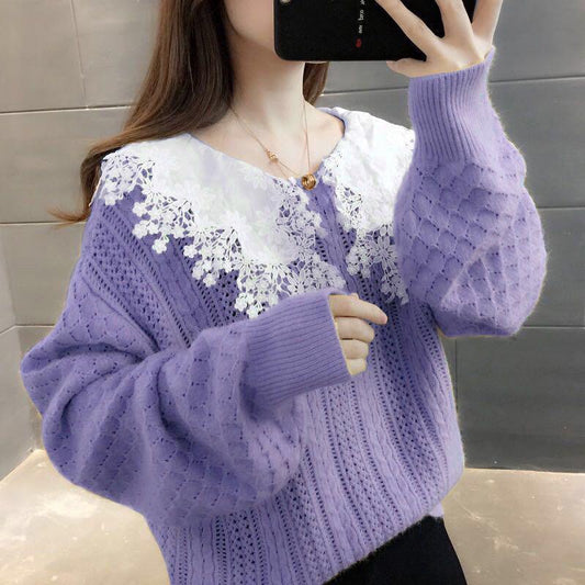 Spring and Autumn Loose Sweater Outer Wear Doll Collar Knitted Top Cute Style Lace Collar Female Sweater