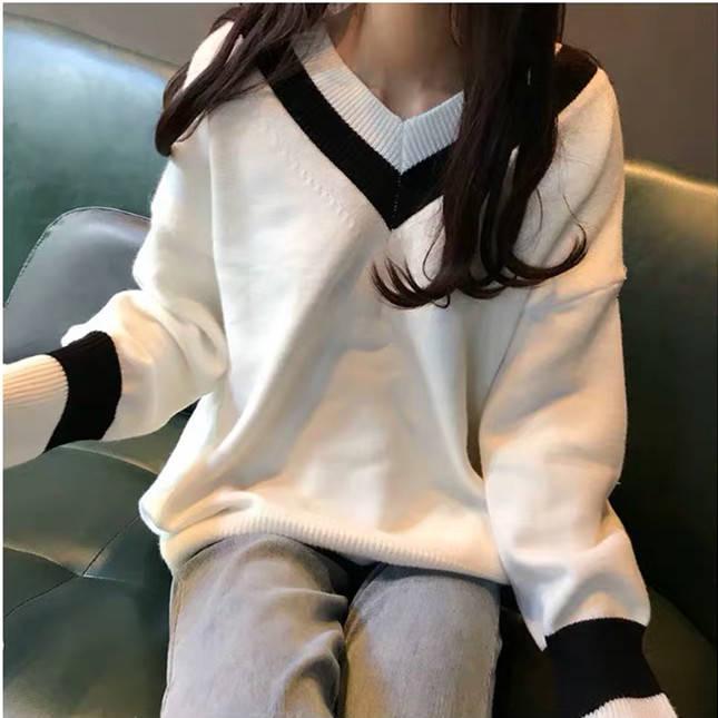 Pofulove V-neck Sweater Women Korean Loose Lazy College Style Pullover Knit Top Autumn Winter