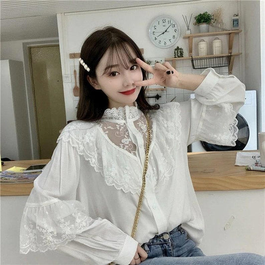 French Retro Lace Shirt Spring Western Style Design Niche Long-sleeved Half Turtleneck Top