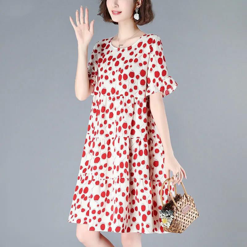 Polka Dot Women's Summer Dress Short Sleeve Round Neck Printing Knee-length Daily Wear Office Dating Party