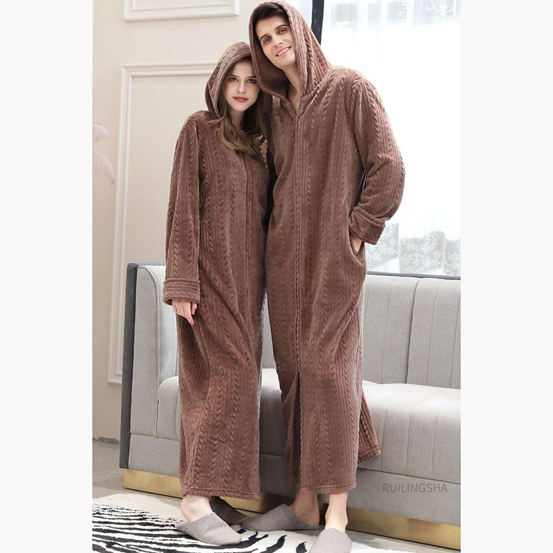 Zipper Hooded Nightdress Women's Winter Long Lazy Pajamas Large Size Loose One-piece Pregnant Thickening Nightgown Couple Bathrobe
