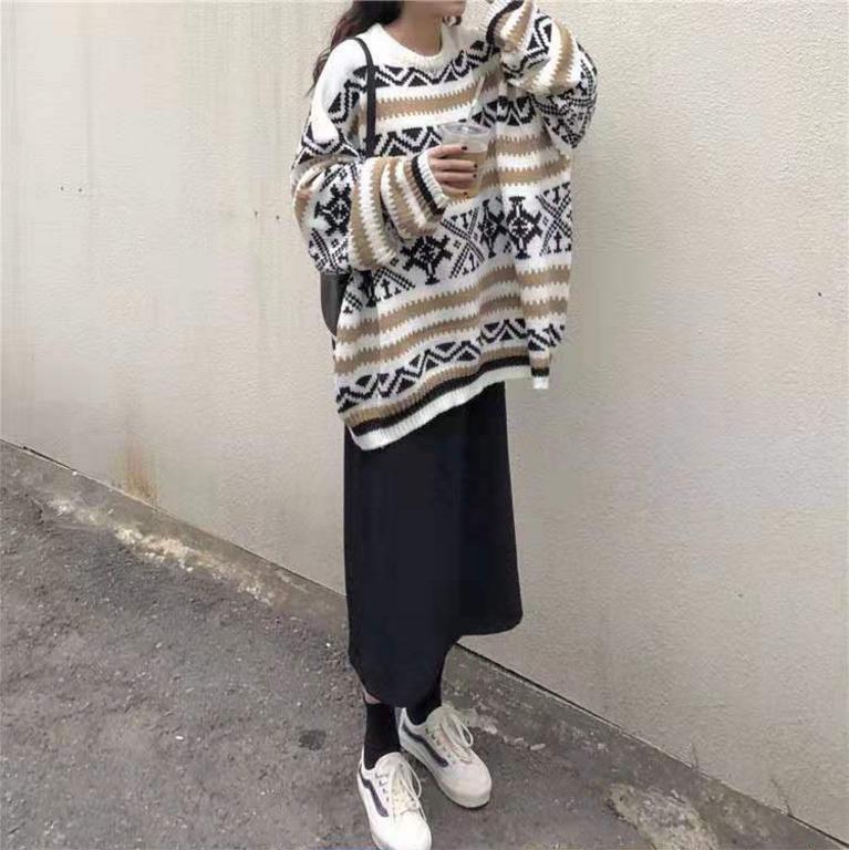 Winter Loose Lazy Wind Pullover O Neck Crew Neck Long-Sleeve Versatile Women Top Retro Sweater