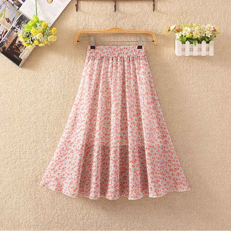 Floral Skirt Women's High Waist Mid-length Summer Fashion Casual Printed Chiffon Skirt