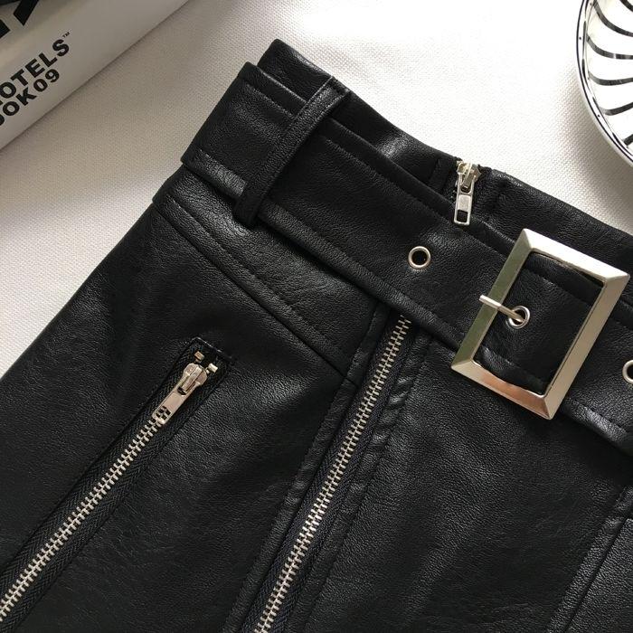 Black PU Skirts Women Faux Leather Skirt Women Elegant Tie Belt Waist Mini Skirts Female Ladies IP