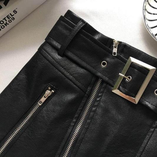 Black PU Skirts Women Faux Leather Skirt Women Elegant Tie Belt Waist Mini Skirts Female Ladies IP