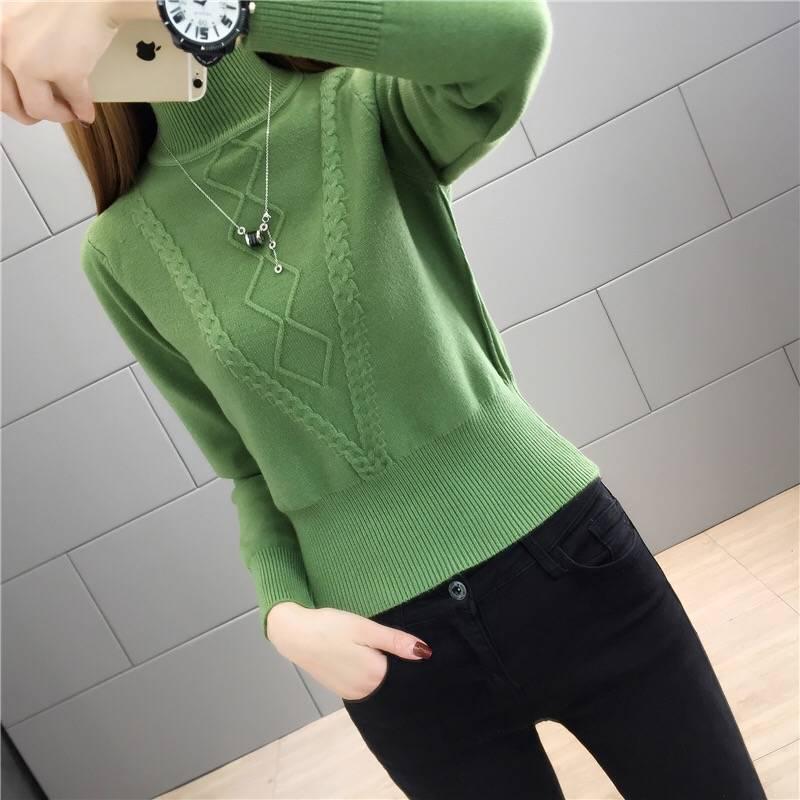 Women Green turtleneck sweater warm winter Casual Soft Slim Femme Elasticity Knitted Pullovers