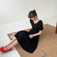 Women's Summer Puff Sleeve Dress Solid Color Chiffon Slim V-neck Long Skirt