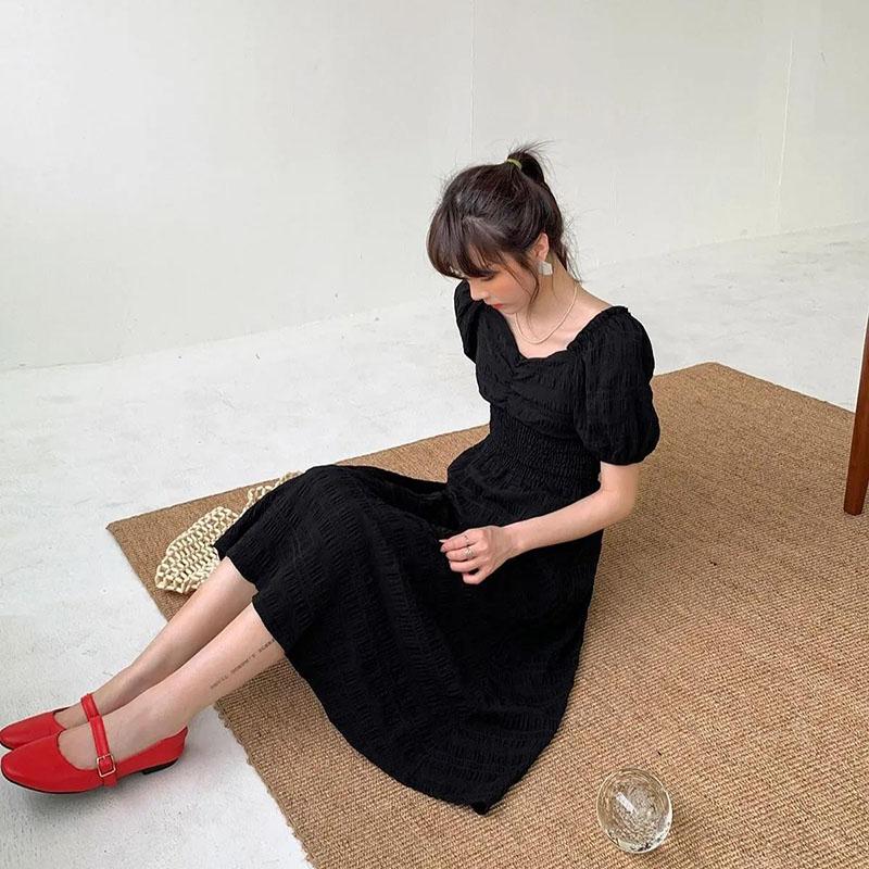 Women's Summer Puff Sleeve Dress Solid Color Chiffon Slim V-neck Long Skirt