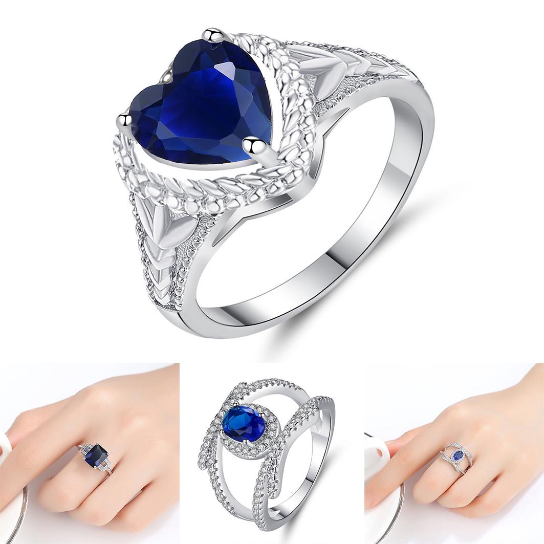 Royal Blue Love Heart Shaped Zircon Ring Single Zircon Ring Blue Oval Double Layer Multilayer Diamond Zircon Ring