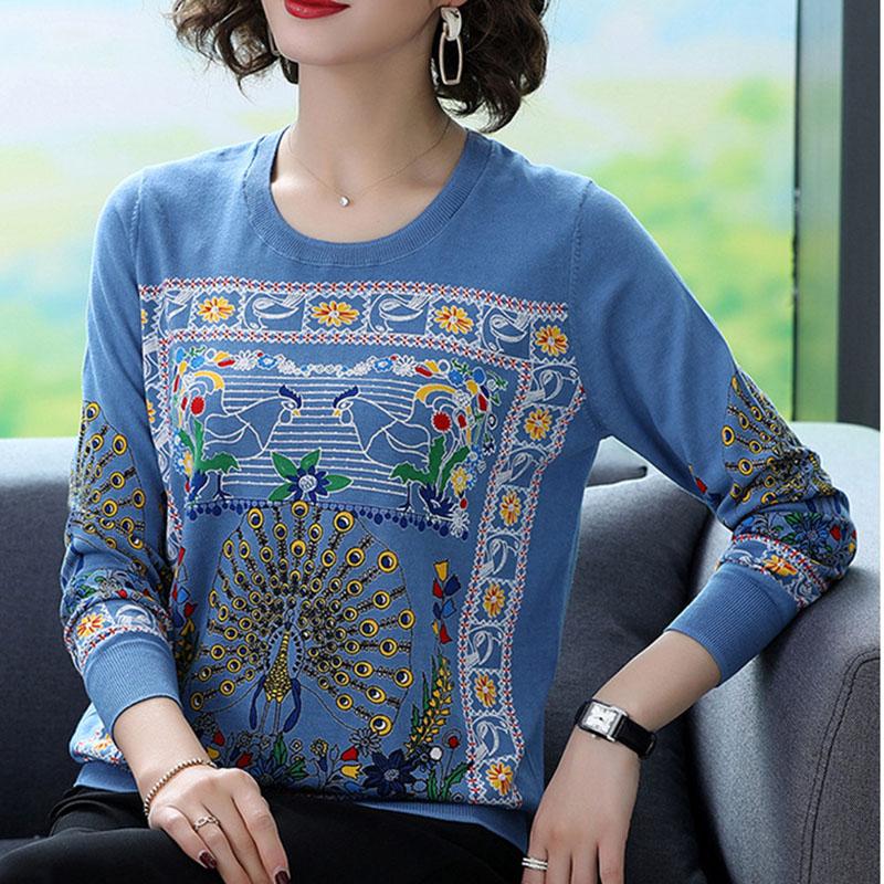 Autumn  Winter Ethnic Style 3D Printed Sweater Women Short Pullover Knit Bottoming Sweater Outer Wear Plus Size High-end Sweater
