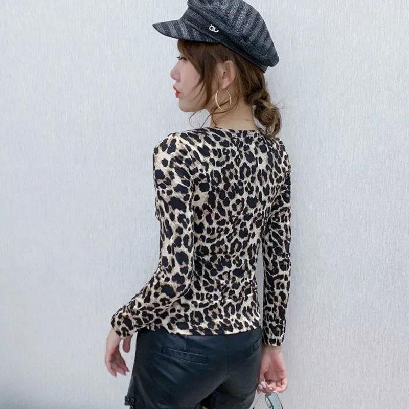 Women's Spring and Autumn Long-sleeved Bottoming Shirt Leopard Print V-neck Slim Top