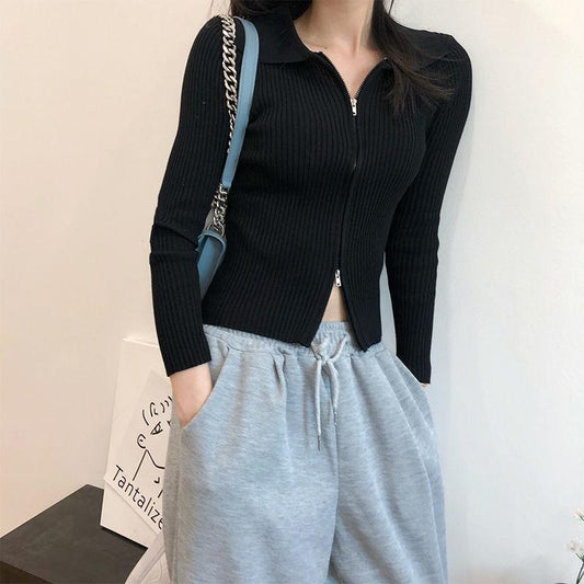 Spring and Autumn Knitted Cardigan Sweater Slim Slimming Short Top Zipper Long-sleeved Female Jacket
