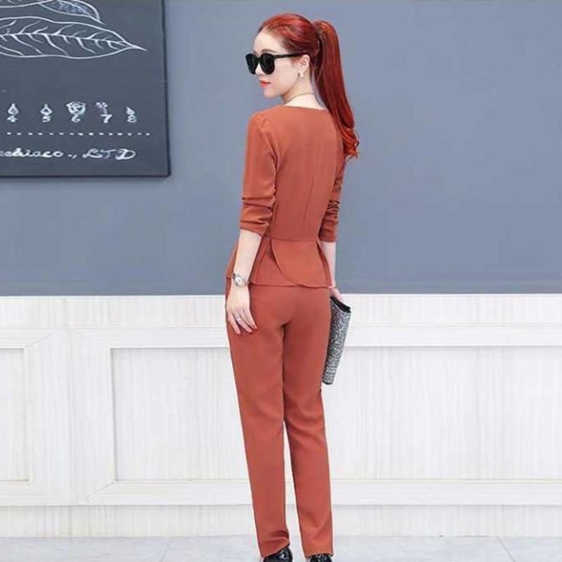 Spring and Autumn Dress Suit Women's Slim Slim Skinny Pants Temperament Two-piece Solid Color Round Neck Top + Suit Pants