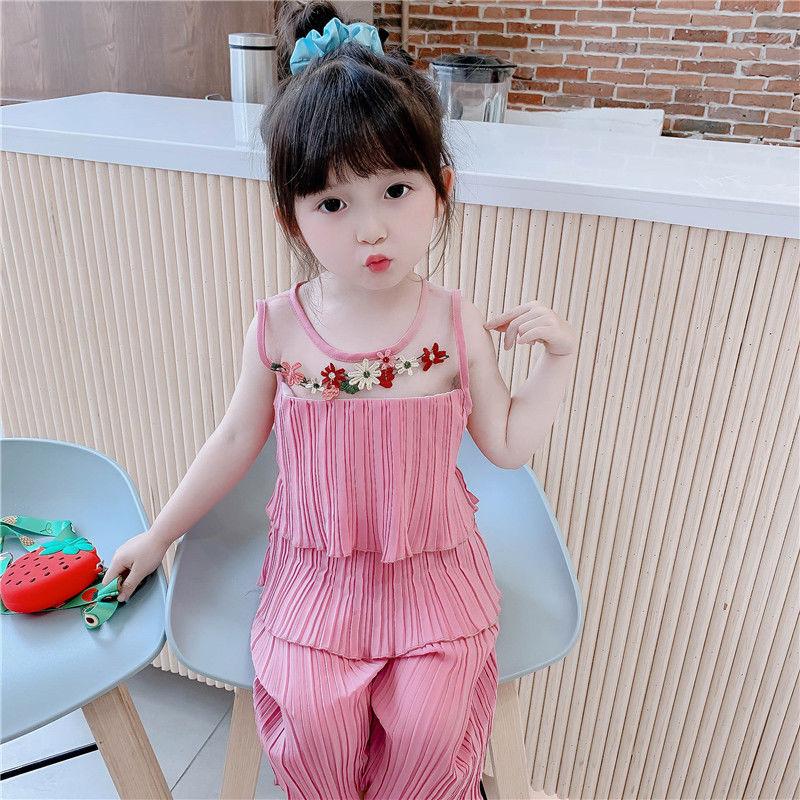 2Pcs Fashion New Toddler Summer Suit Solid Color Ribbed O-Neck Tops+Elastic Waist Shorts Outfits for Girls