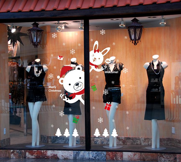 Christmas Wall Sticker Shopping Mall Shop Decoration Window Glass Door Sticker Rabbit Bear Snowflake