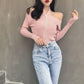 Pofulove Winter Off Shoulder Sweater Pullover V-neck Long Sleeve Knitted Streetwear  Top