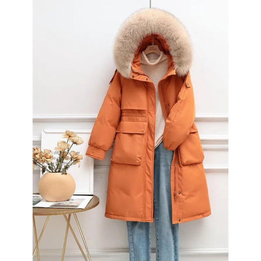 Korean Version of Winter Loose Down Jacket Women Mid-length Large Fur Collar Over-the-knee Thick Parka Jacket