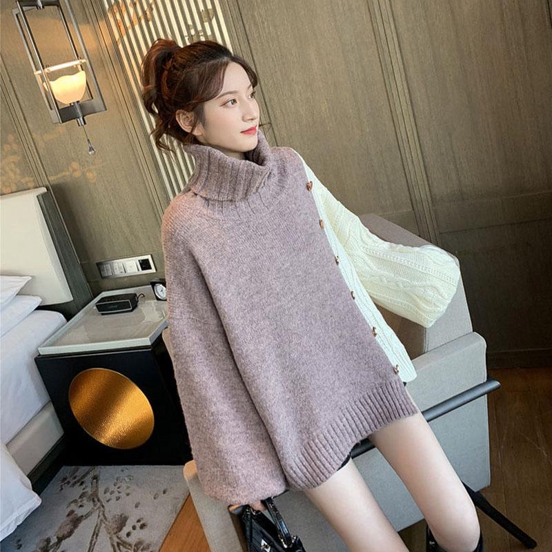 Autumn and Winter Loose Turtleneck Sweater Casual Color Matching Diagonally Buttoned Top Fashion Knitted Women's Jacket