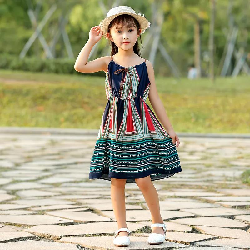 Children's Dress Girl's Suspender Dress Korean Version of Printed Sleeveless Striped Dress Backless Beach Dress Ethnic Style Bra skirt