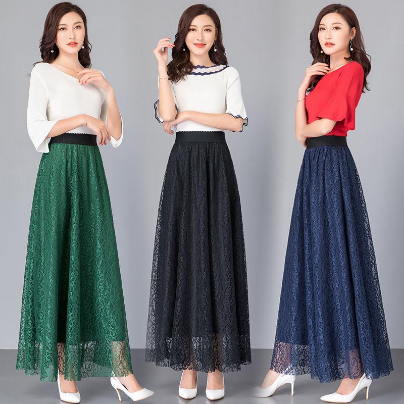 Large Size All-match A-line Long Skirt Women's Spring and Autumn Lace Elastic High Waist Mid-length Skirt