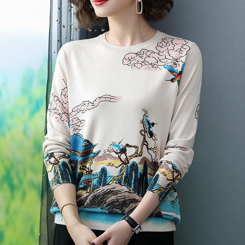 Autumn Winter 3D Printed Woolen Sweater Vintage Knit Bottoming Sweater Warm Plus Size Wool Blend Jumper Tops