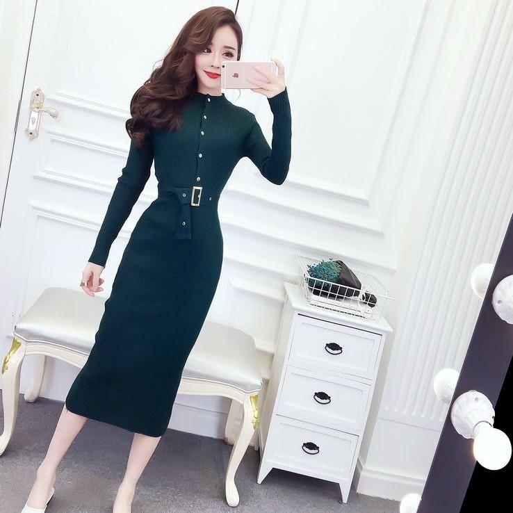 States Winter Half-high Collar Button Knitted Sweater Mid-length Slim Slim Fashion Dress Tide