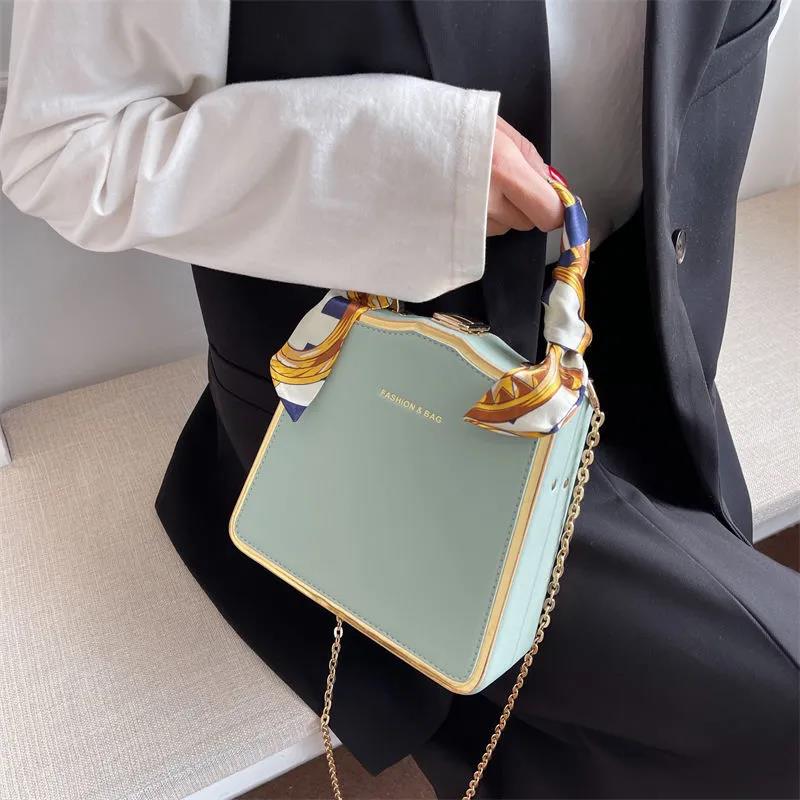 Ladies Premium Solid Color Silk Scarf Handbag Exquisite Chain One Shoulder Crossbody Box Bag