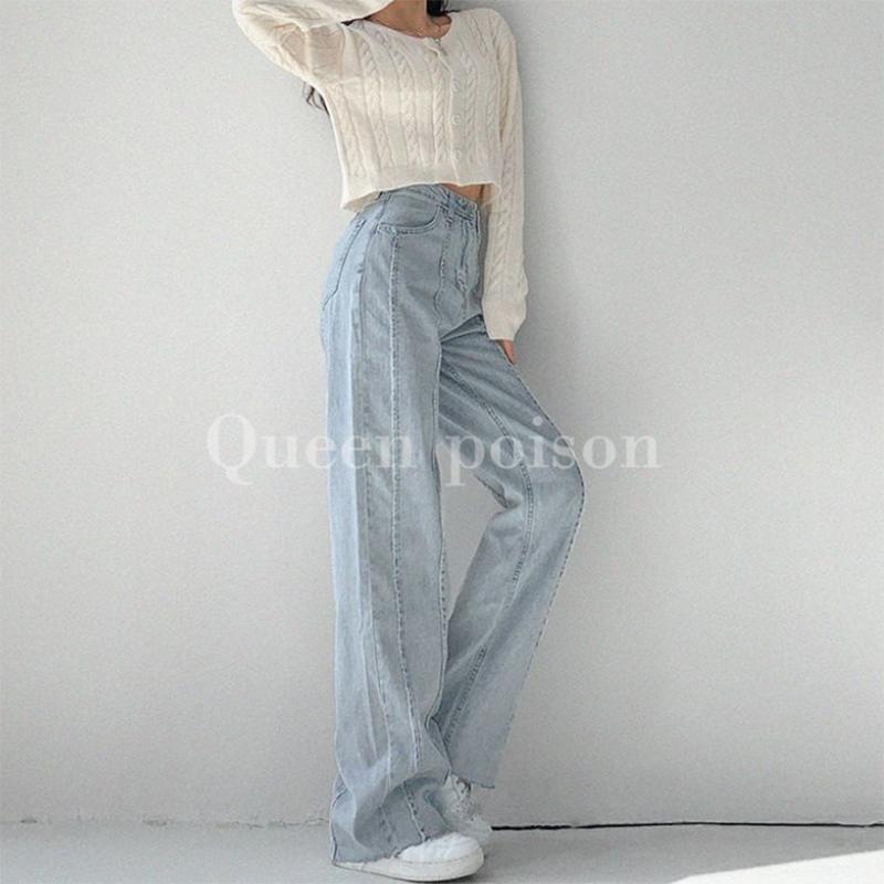American Retro Stitching Topstitching Jeans Women's Loose Drape Wide-leg Straight-leg Pants High-waist Casual Thin Mopping Pants