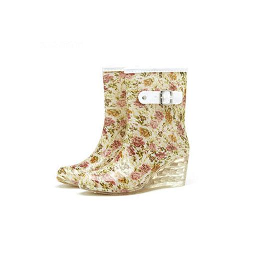 Women's Buckle Side Zipper High Heel Rain Boots Female Non Slip Plus Size Printed Casual Water Shoes