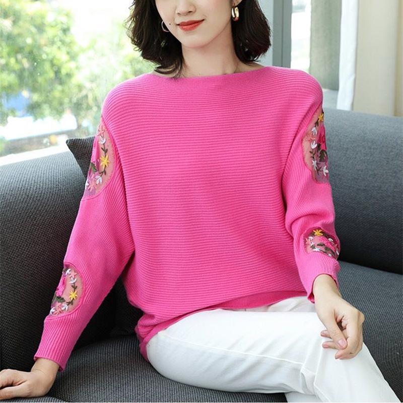 Round Neck Women's Shirt Loose Lace Hollow Knit Sweater Long Sleeves One-shoulder Short Bottoming Shirt