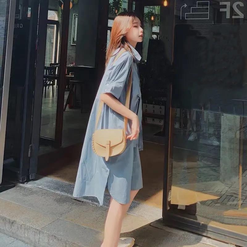Women T-shirt Dress with Belt Loose Turn-down Collar Casual Loose Big Pocket Short Sleeve Buttons Dress Irregular Split Fork
