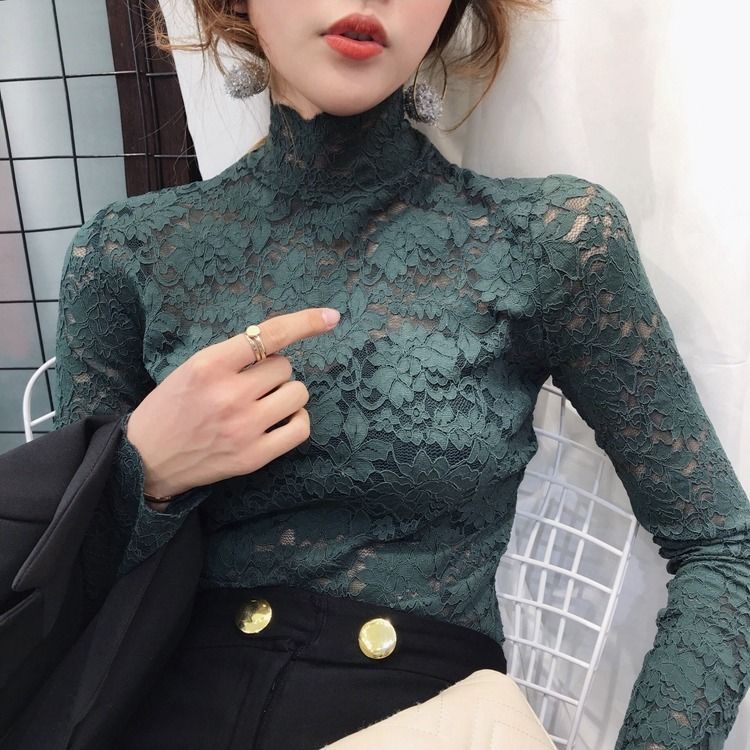 Spring Half High Collar Slim Long Sleeve T-shirt Women Autumn and Winter Hollow Lace Bottoming Shirt Top