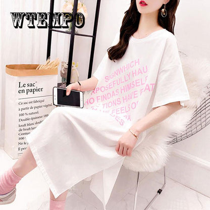 2019 Summer Korean Casual Women Dress Loose Cotton O Neck Short Sleeve Tshirt Dress Plus Size